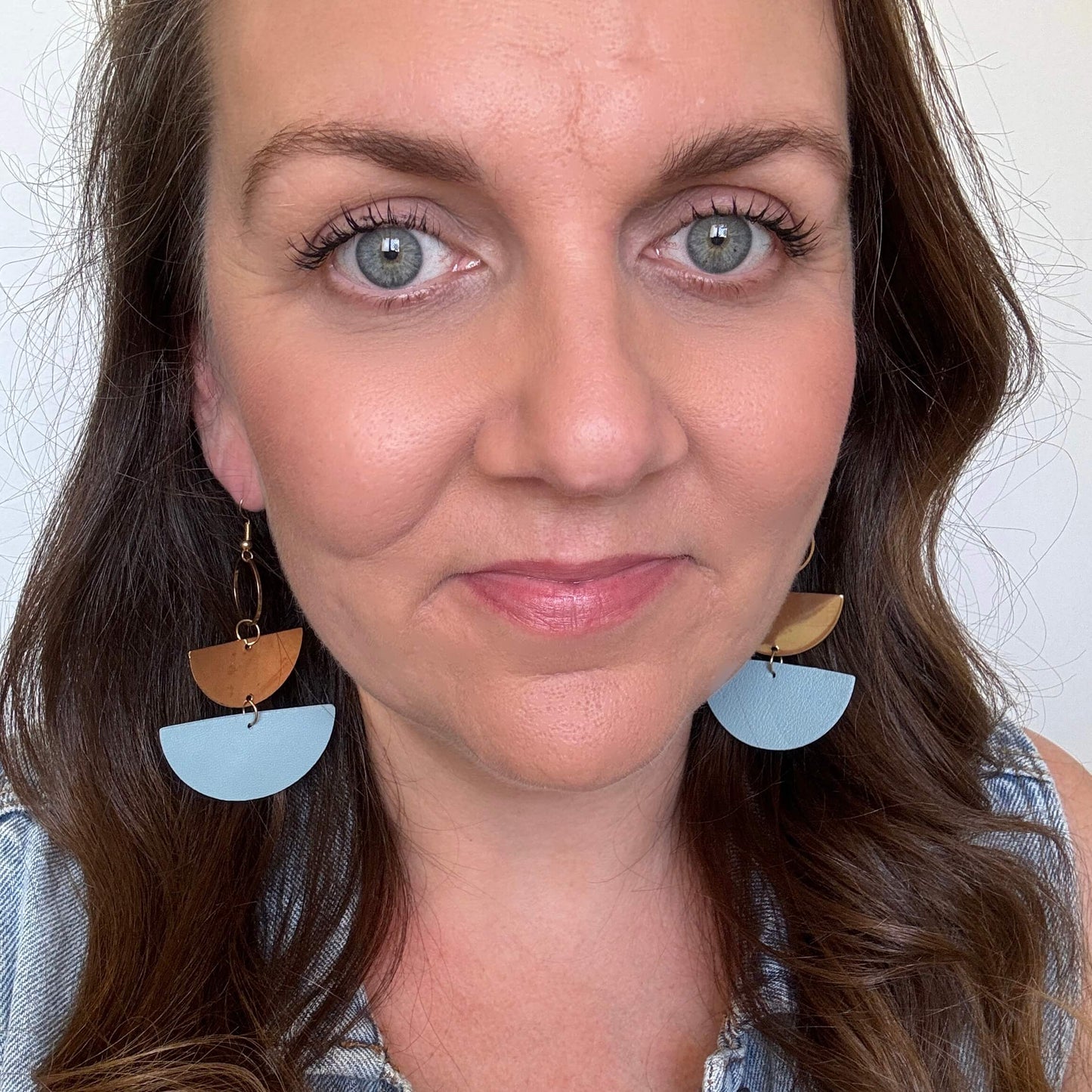 Powder Blue and Gold Dangles // Leather Earrings