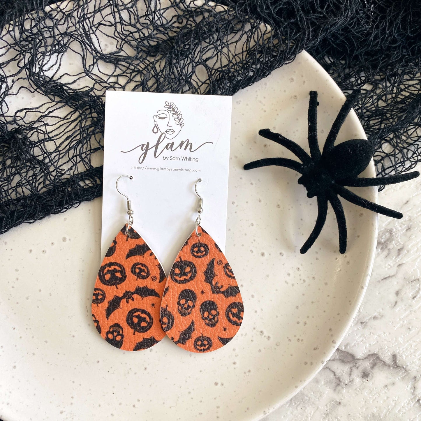 teardrop halloween leather earrings orange