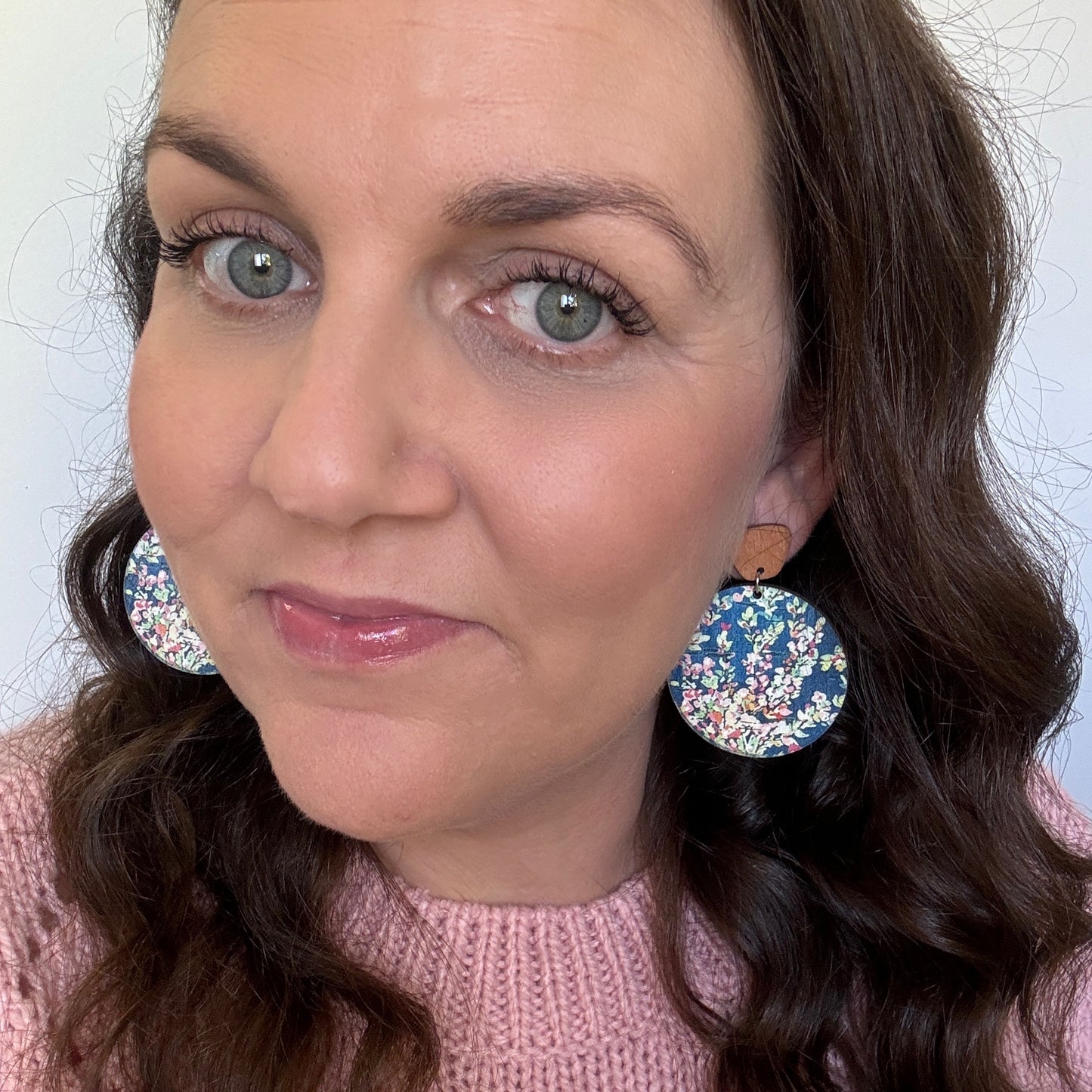 Bridgerton earrings. Floral timber studs selfie