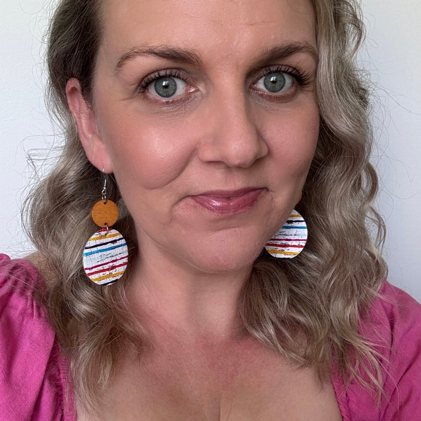 stripe earrings circles leather and timber