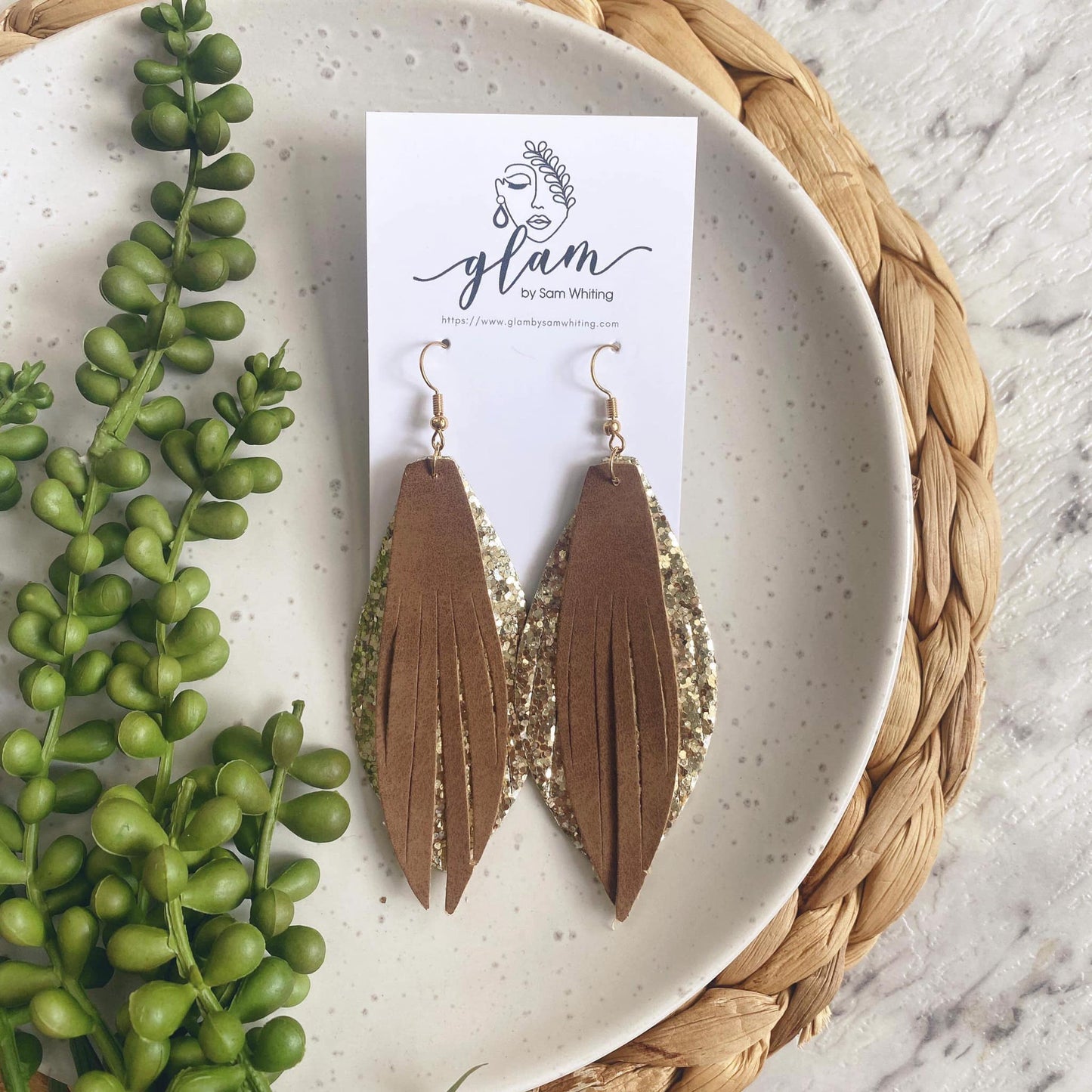 gold long feather earrings double layer leather