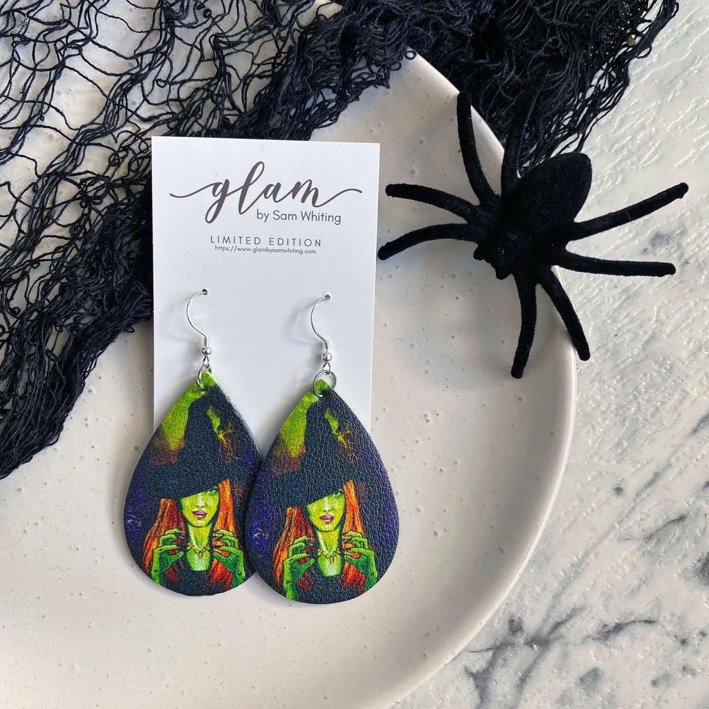 Halloween teardrop earrings on a silver coloured hook witch