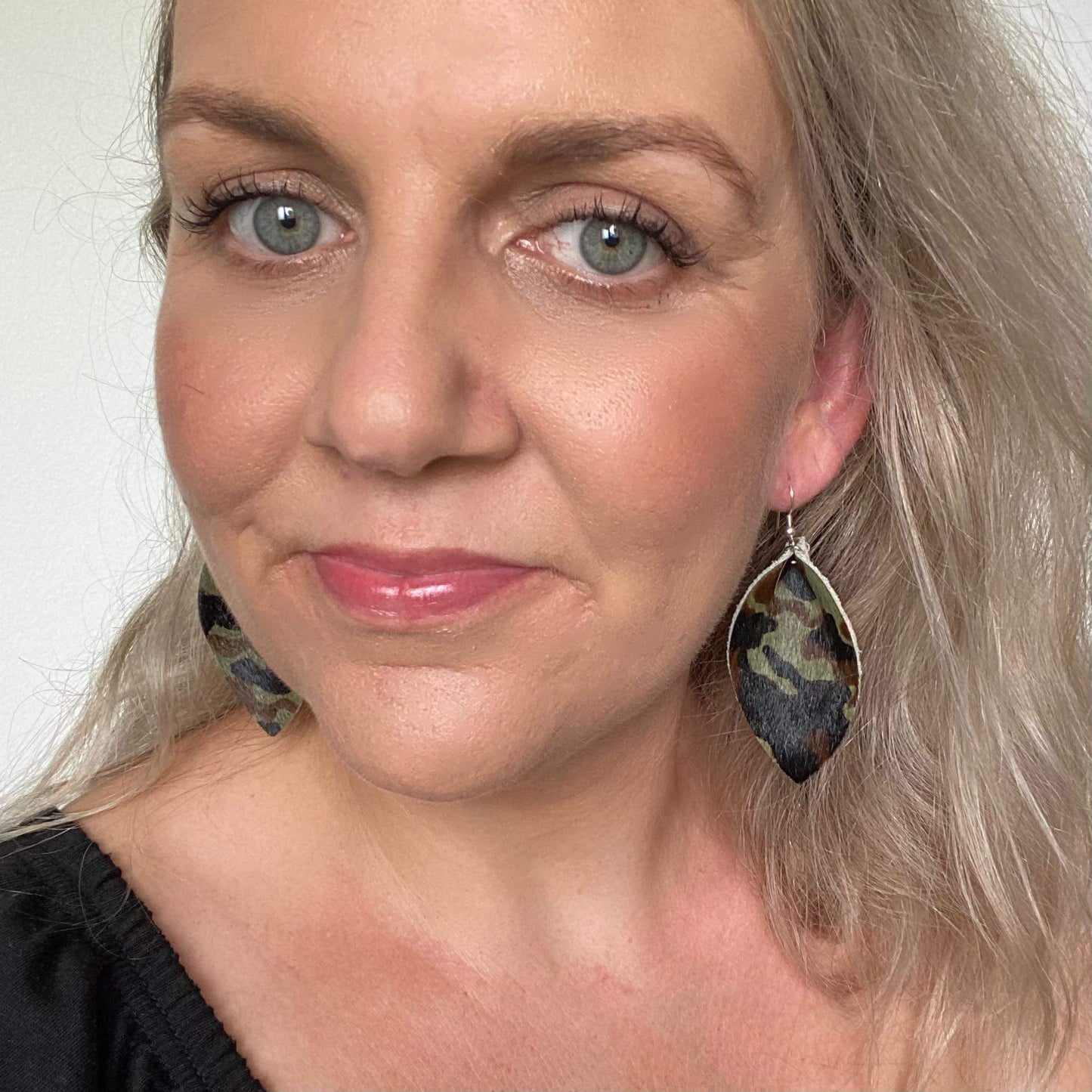Camo petal genuine leather earrings. Anzac day remembrance day.