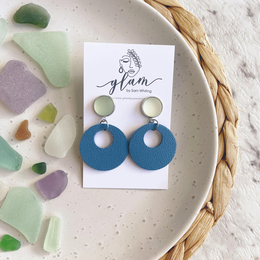 Sea glass collection. Cornflower blue leather earrings from gemstone stud. 