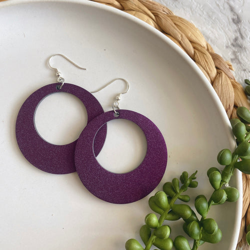 Purple O hoop leather earrings on silver hook