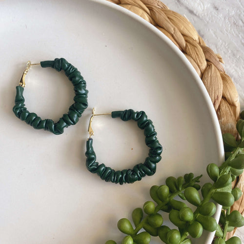 olive green scrunchie hoops leather earrings
