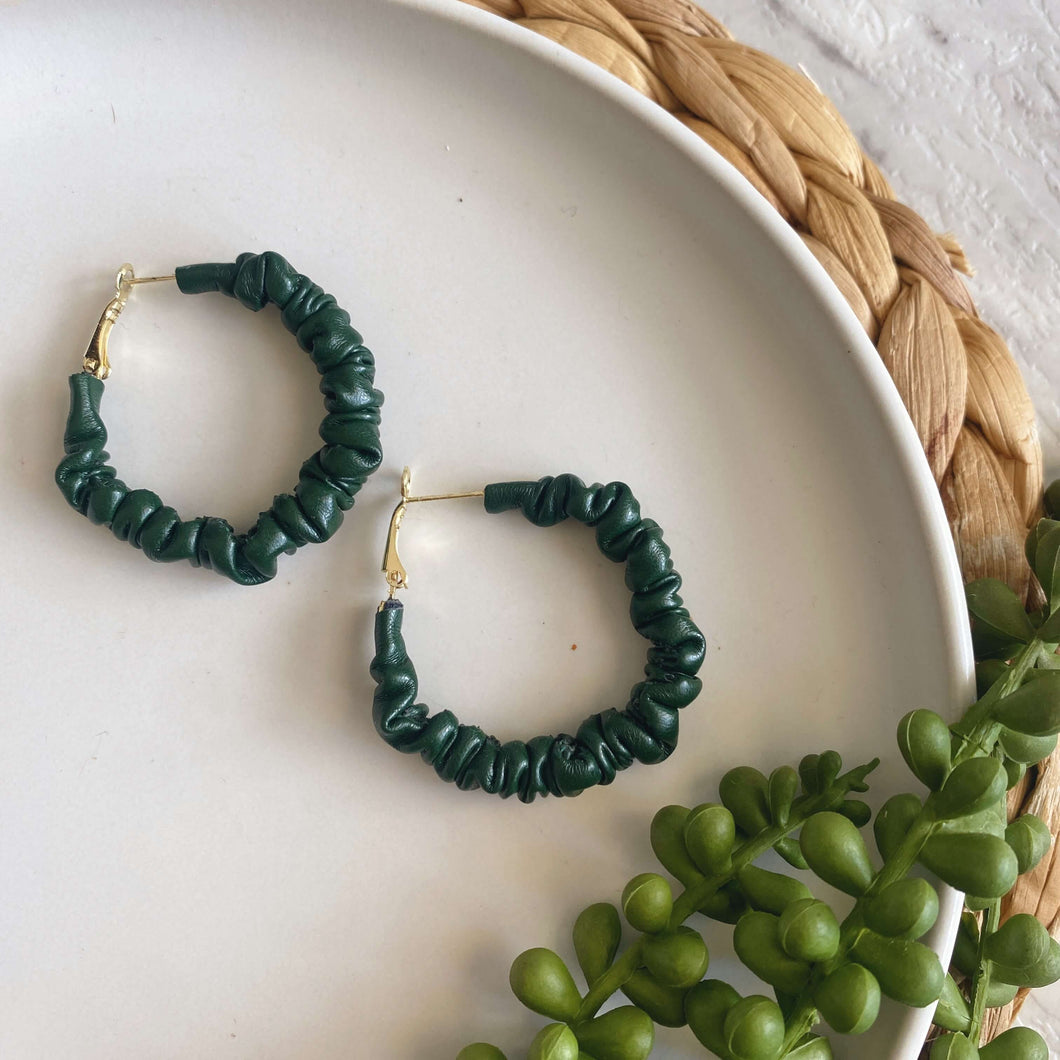olive green scrunchie hoops leather earrings