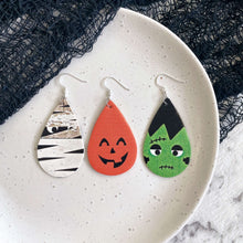 Load image into Gallery viewer, Frightful friends. Leather Halloween earrings teardrop. Pumpkin, Frankenstein, Mummy
