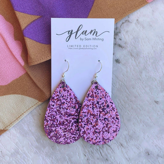 Purple Sparkle Teardrops // Leather Earrings