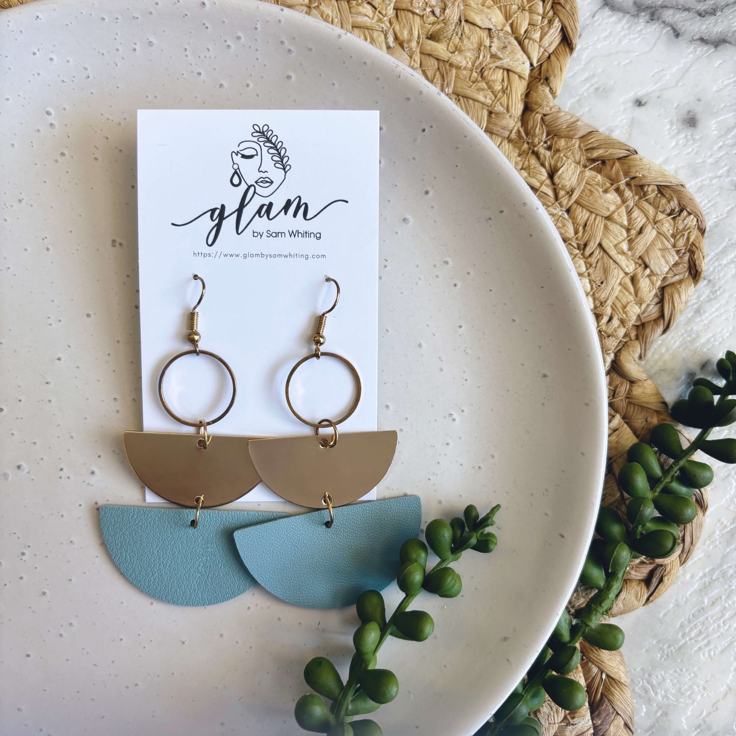 Powder Blue and Gold Dangles // Leather Earrings