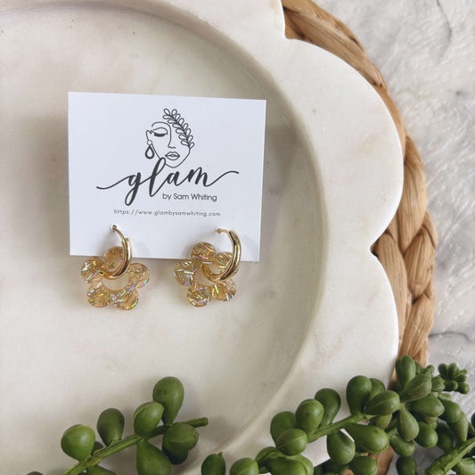 Gold Sparkle Flower Hoops // Charm Earrings
