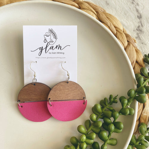leather and timber pink semi circle earrings