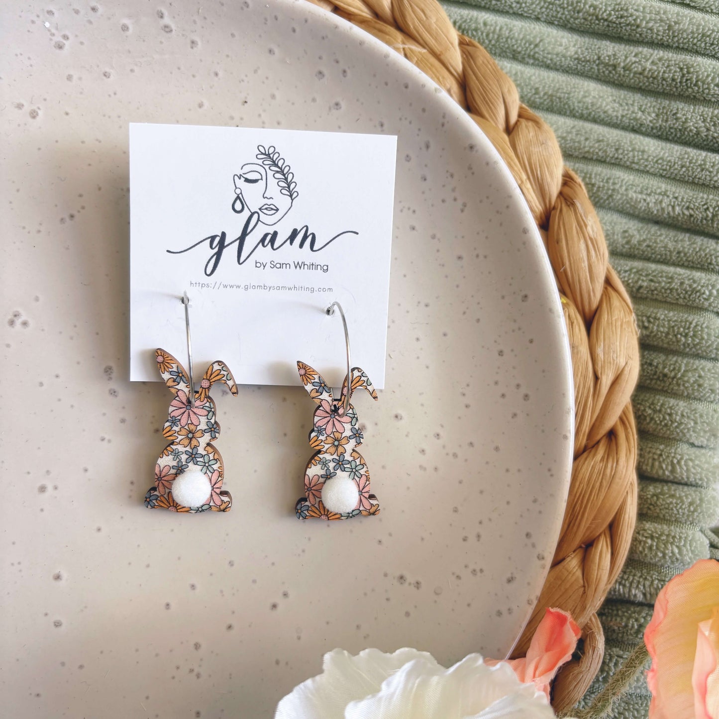 Floral Easter Bunny //  Timber Hoop Earrings