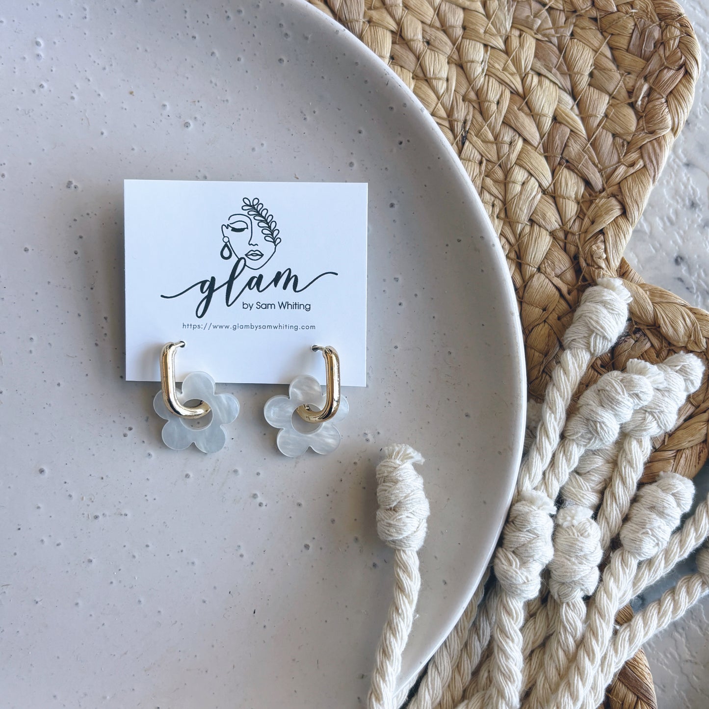 White Flower Huggies // Charm Earrings