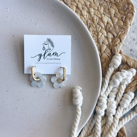 White Flower Huggies // Charm Earrings