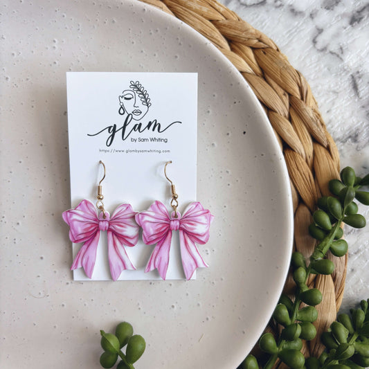 Pink Bow Dangles // Acrylic Earrings