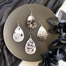 Load image into Gallery viewer, black and white halloween teardrop earrings on silver hooks.  bats, skull, sugar skull and spiderweb

