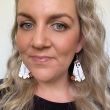 Load image into Gallery viewer, ghost with pumpkin pail selfie Halloween Timber Earrings
