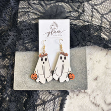 Load image into Gallery viewer, ghost with pumpkin pail Halloween Timber Earrings
