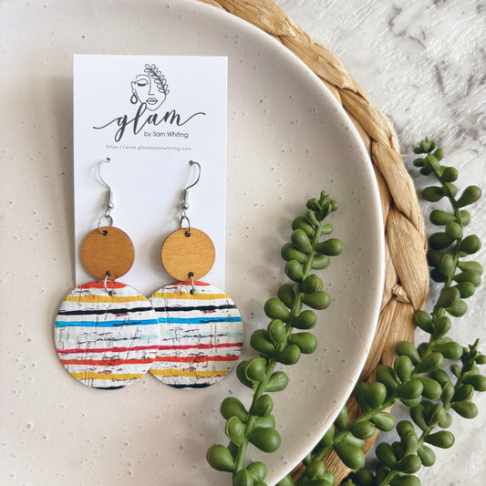 stripe earrings circles leather and timber