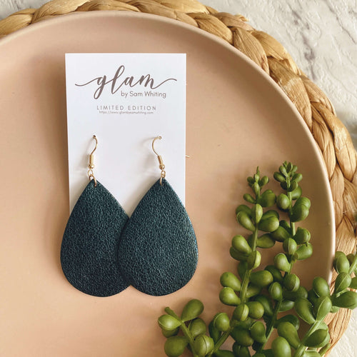 Metallic emerald green teardrop dangle earrings genuine leather