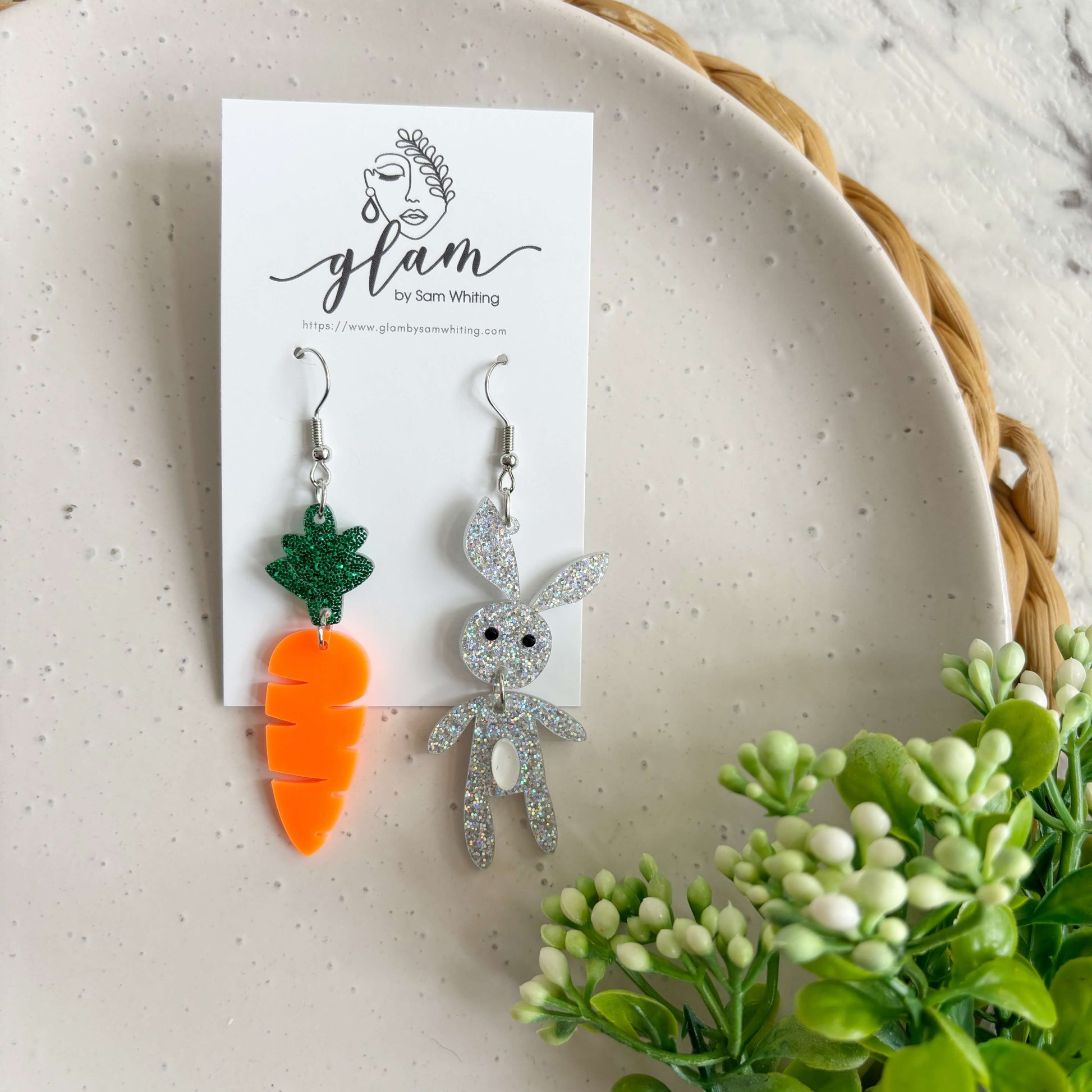 mismatched acrylic easter carrot and bunny earrings