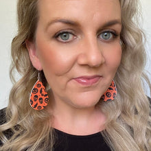 Load image into Gallery viewer, teardrop halloween leather earrings orange selfie
