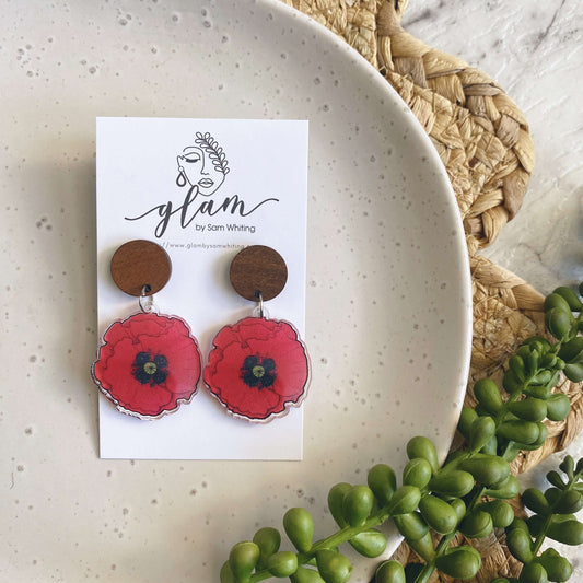 timber and acrylic poppy dangle earrings for anzac and remembrance day