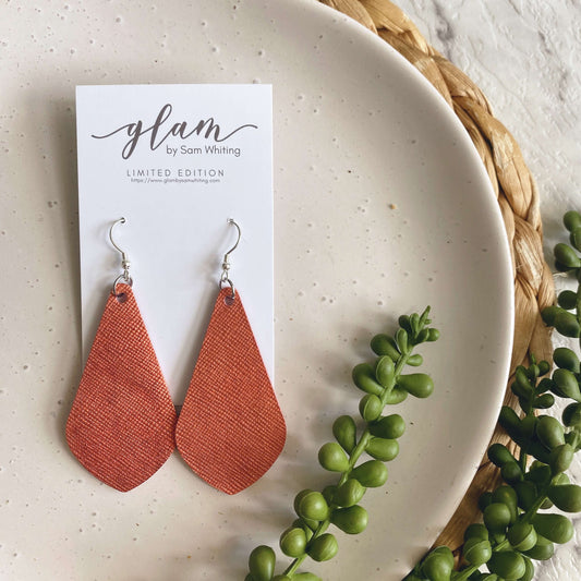 Diamond drop leather earrings rust colour autumn silver hook
