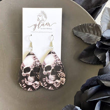 Load image into Gallery viewer, black and white halloween teardrop earrings on silver hooks.  skull 
