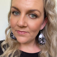 Load image into Gallery viewer, black and white halloween teardrop earrings on silver hooks.  skull selfie
