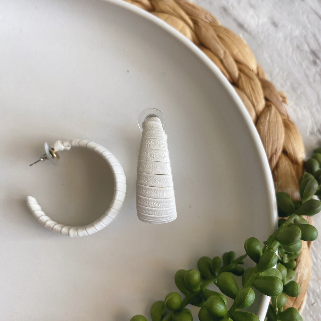 white leather wrapped hoop earrings