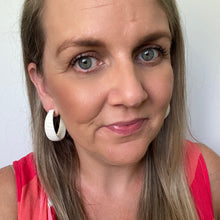 Load image into Gallery viewer, white leather wrapped hoop earrings selfie pic
