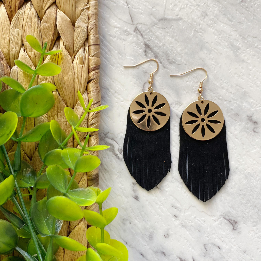 black fringe leather earrings with gold coin embellishment