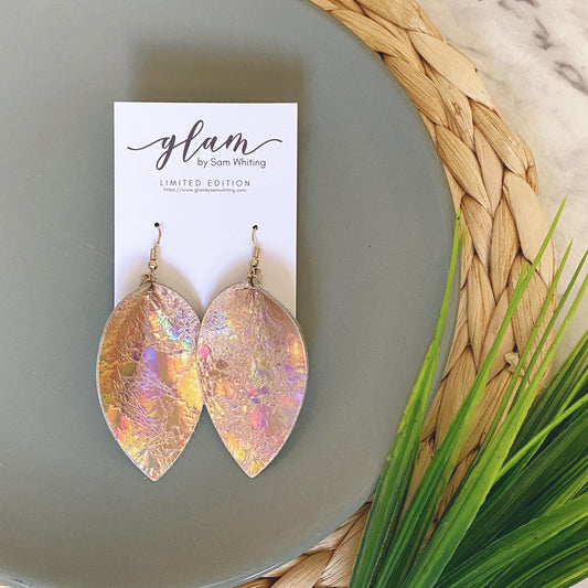 Rose Gold Holo Petals // Leather Earrings