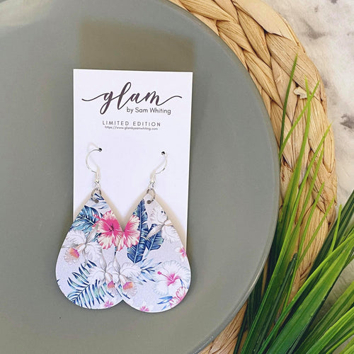 Tropical teardrop faux leather earrings with silver hook