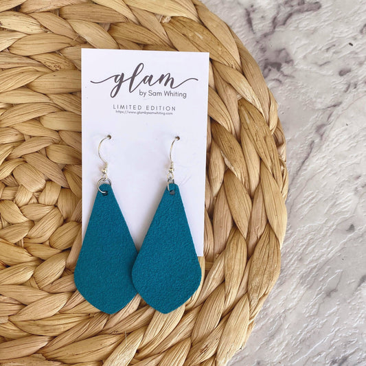 Teal Diamond Drops made out of Faux suede leather earrings with silver coloured hooks.