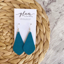 Load image into Gallery viewer, Teal Diamond Drops made out of Faux suede leather earrings with silver coloured hooks.
