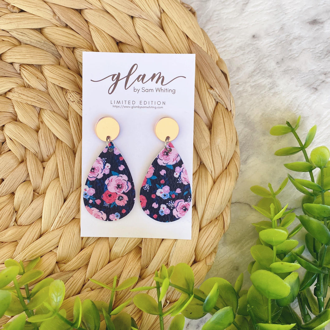 floral mini dangle stud earrings leather and acrylic
