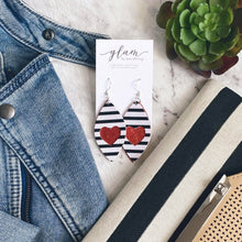 Load image into Gallery viewer, Black and White with Red Heart // Faux Leather Cut Out Earrings  with silver coloured hooks
