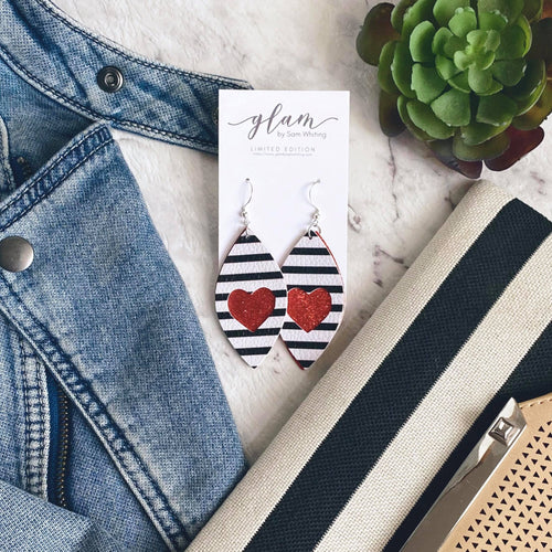 Black and White with Red Heart // Faux Leather Cut Out Earrings  with silver coloured hooks