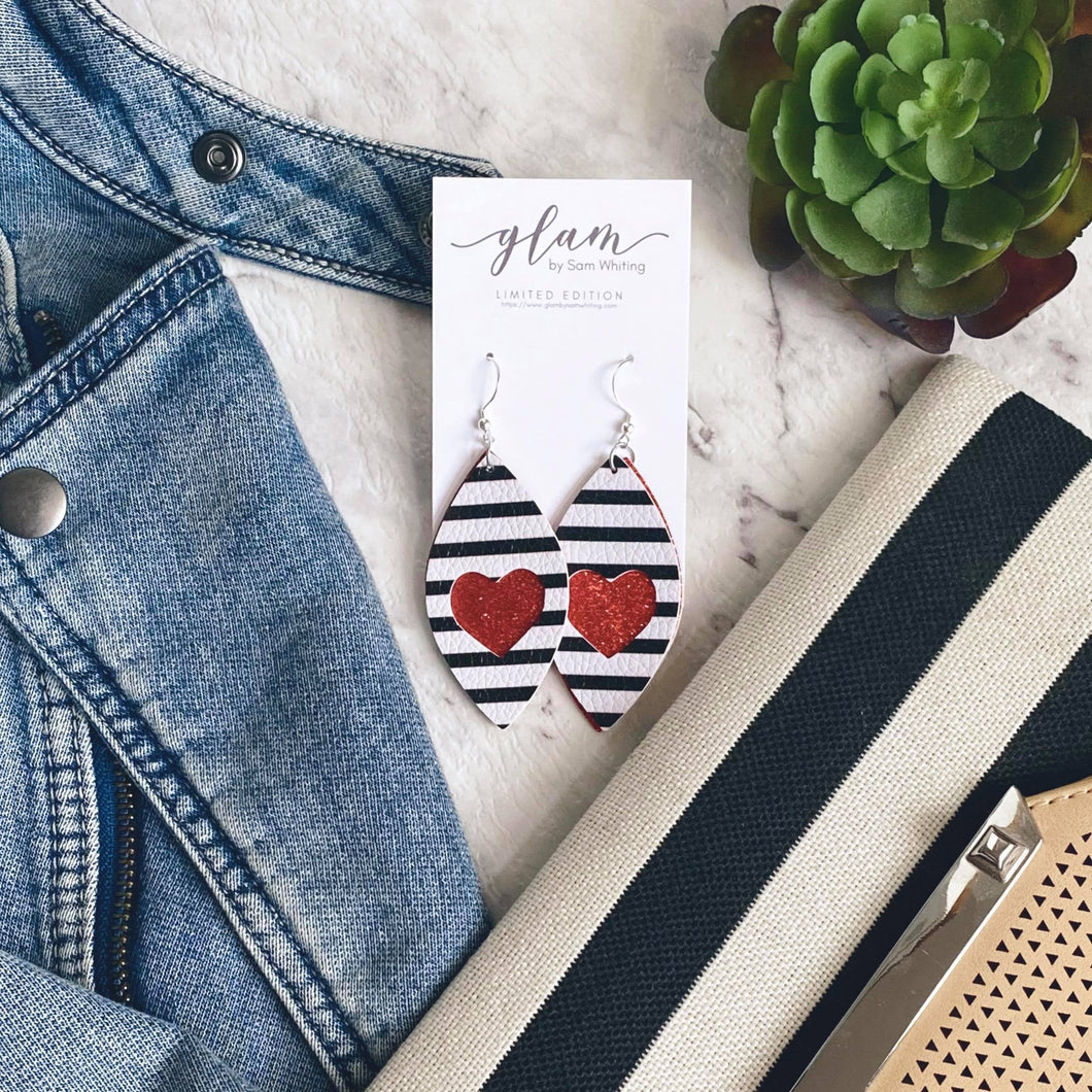 Black and White with Red Heart // Faux Leather Cut Out Earrings  with silver coloured hooks