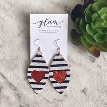 Load image into Gallery viewer, Black and White with Red Heart // Faux Leather Cut Out Earrings  with silver coloured hooks
