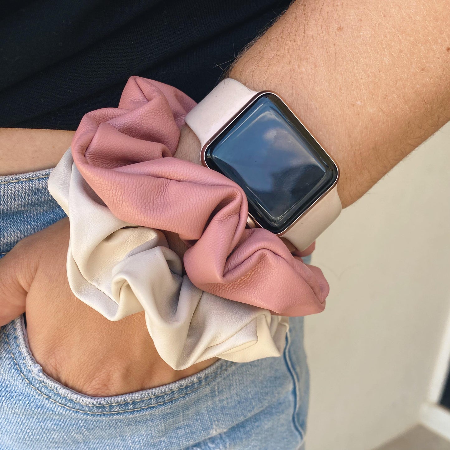 Dusty pink and cream faux leather hair scrunchie on wrist