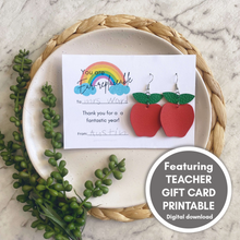 Load image into Gallery viewer, Teacher appreciation christmas gift Apple cut out leather earrings on a silver coloured hook.
