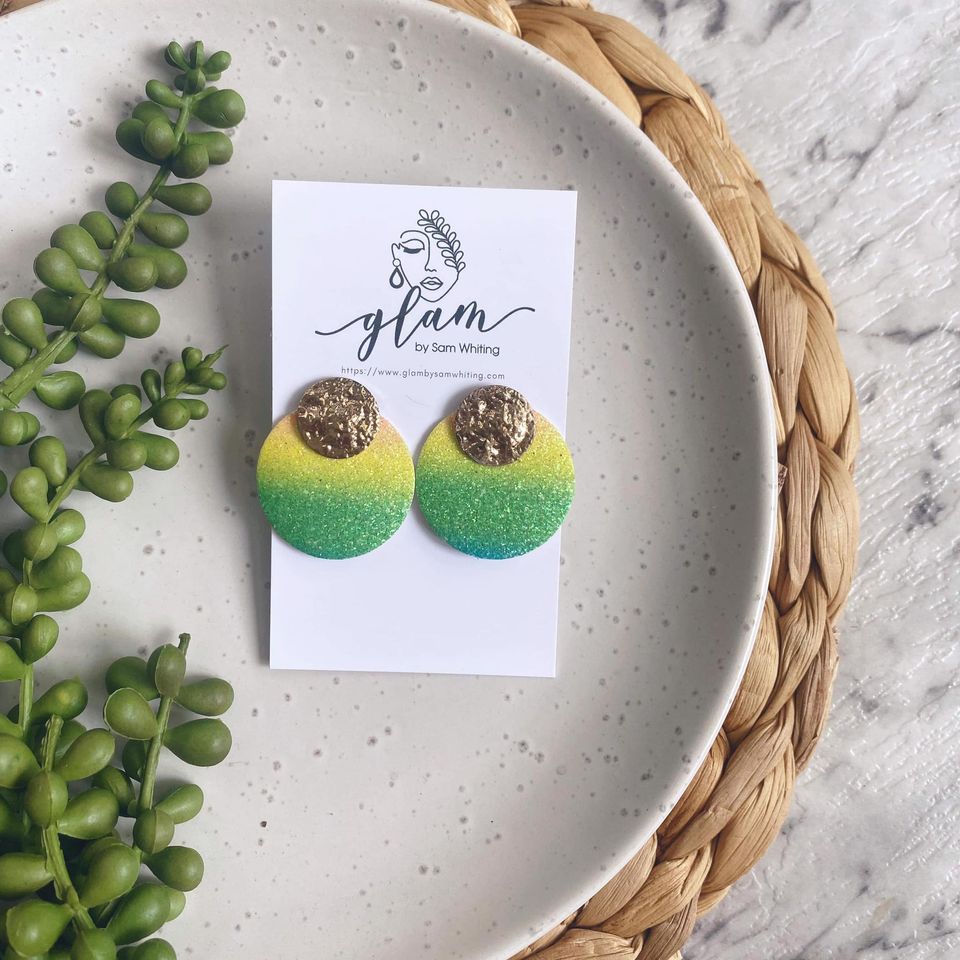Green & Yellow Ombre Circle Studs //  Leather Earrings