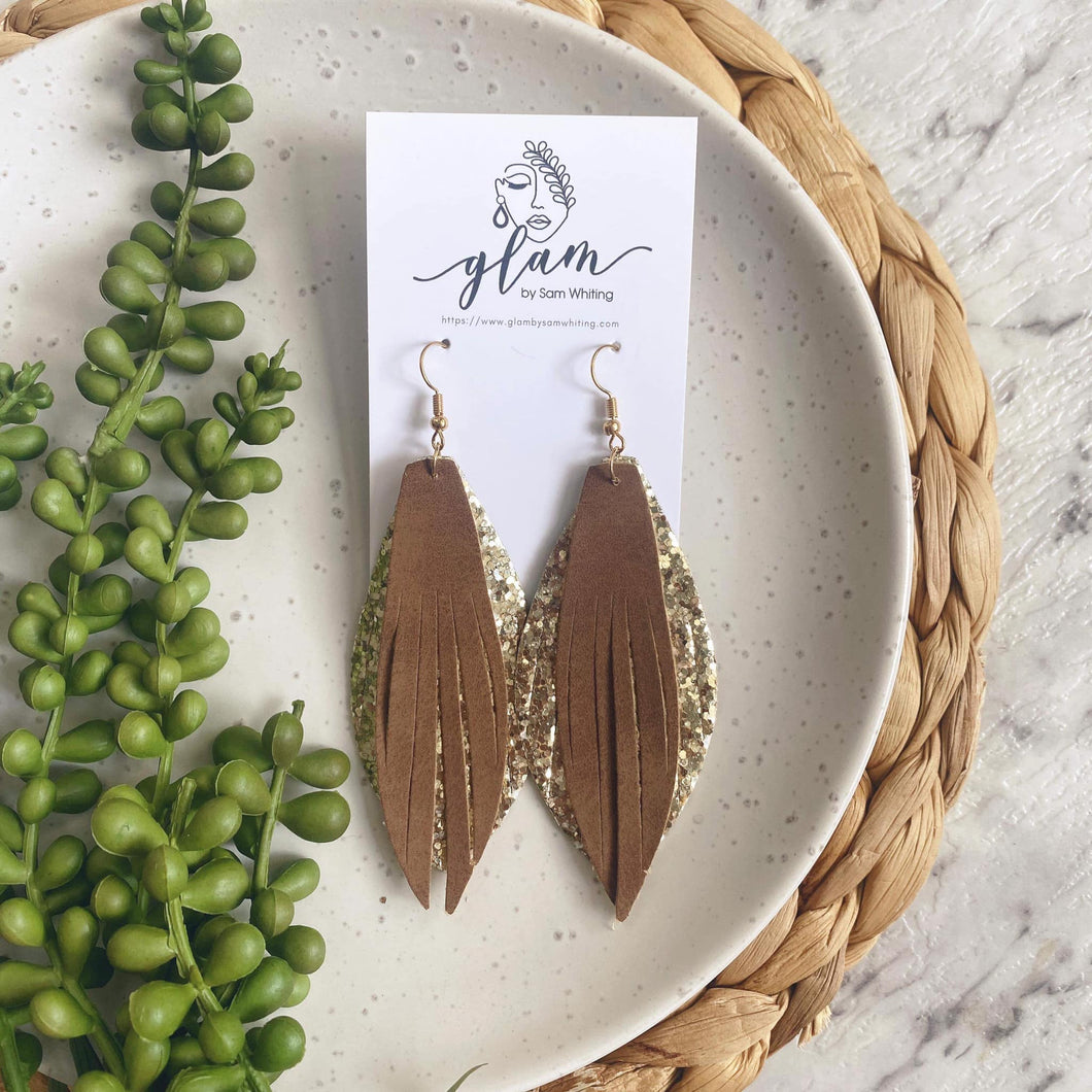 gold long feather earrings double layer leather 