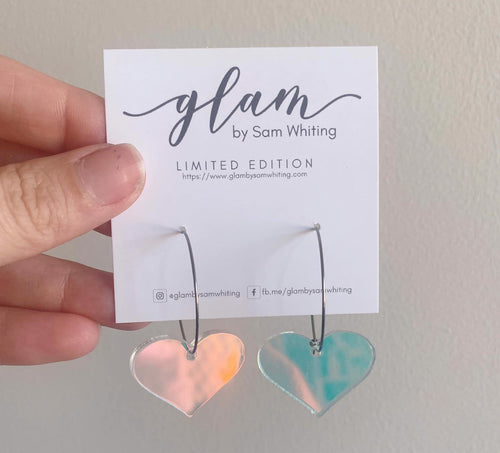 acrylic holographic heart earrings on a silver hoop