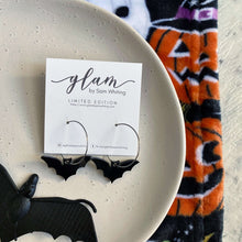 Load image into Gallery viewer, Dark and Spooky halloween earrings on silver hooks and hoops bats
