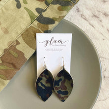 Load image into Gallery viewer, Camo petal genuine leather earrings.  Anzac day remembrance day.
